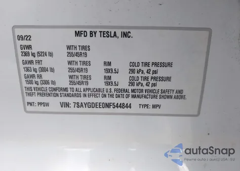 2022 Tesla Model Y Long Range Dual Motor All-Wheel Drive z USA, uszkodzony, nr VIN 7SAYGDEE0NF544844